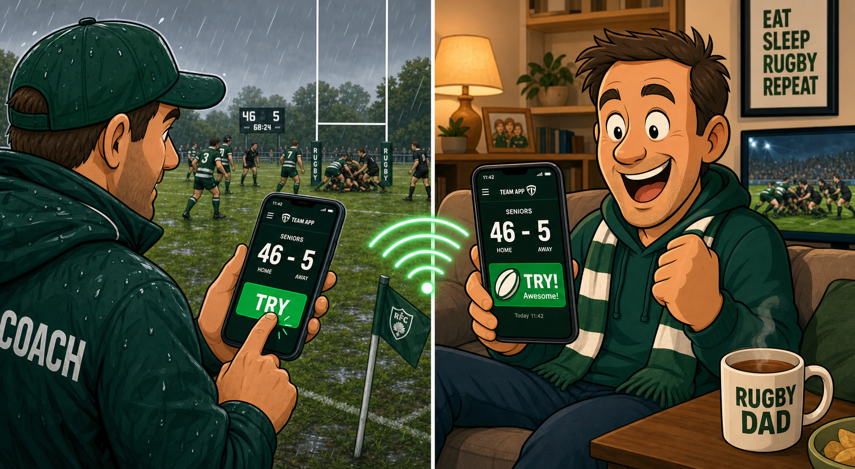 Coach tapping TRY on Pitchside app while parent sees it live on Touch and Pass